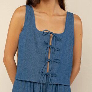NLT nolessthan.la Denim Tie Top Cotton Woven Tank Small - Medium Wash NWOT